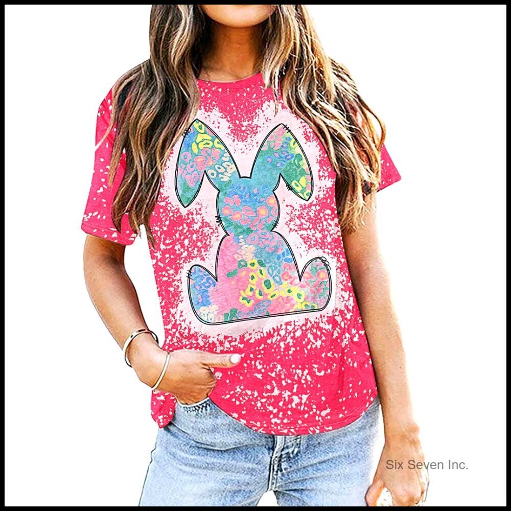 Tie-Dyed Rabbit Graphic Tee Funny Bunny Letter Print Easter Shirt Casual